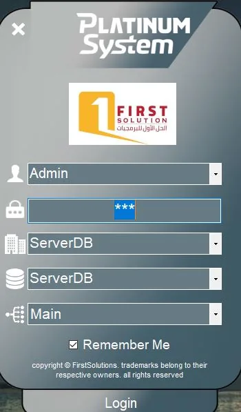 Platinum System login screen with user, database and branch selection